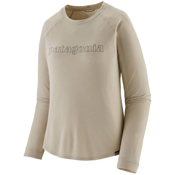 T-shirt randonnée PATAGONIA W'S L/S CAP COOL TRAIL GRAPHIC SHIRT OUTLINE TEXT LOGO: PUMICE