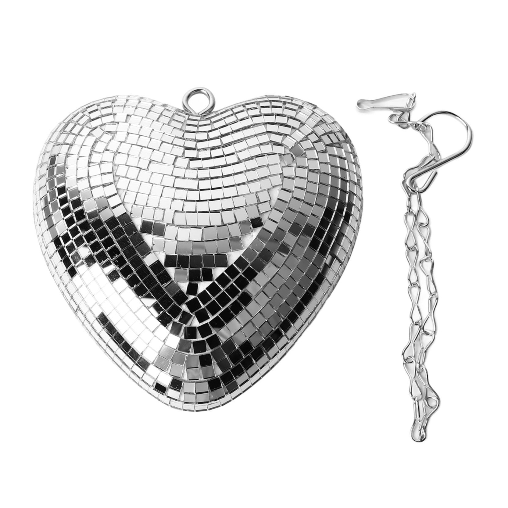 (185x180mm) Lichtreflektierende Herz Discokugel Party Deko Spiegelkugel zum Aufhängen inkl. Hakenkette für Hochzeiten / Mottoparty - Silber