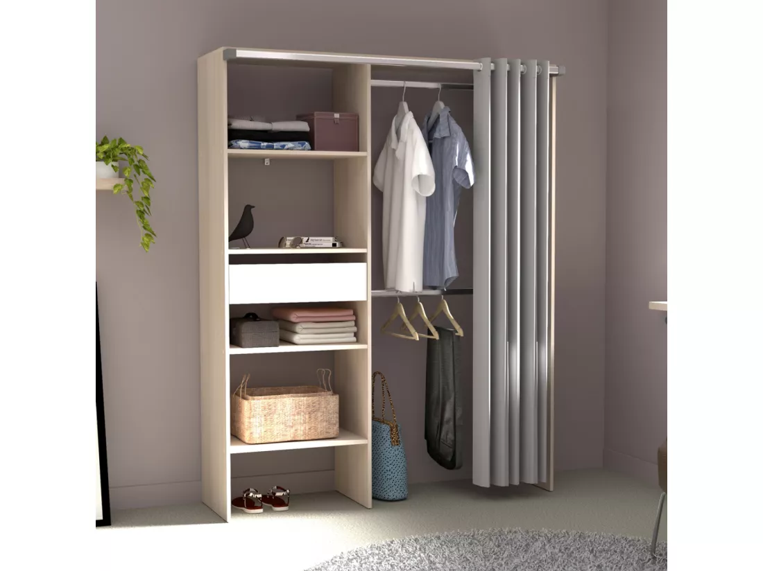 Dressing avec rideau, 4 étagères, 2 penderies et un tiroir bois et blanc BALI