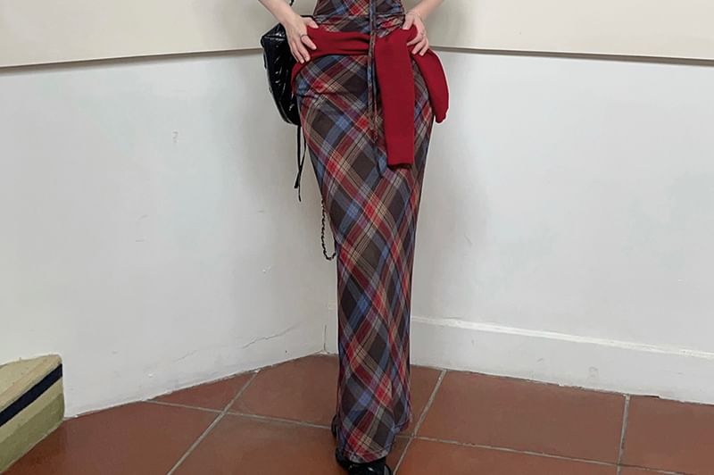Beem - Spaghettibandjes, ronde hals, geruite mesh maxi-bodyconjurk met kant