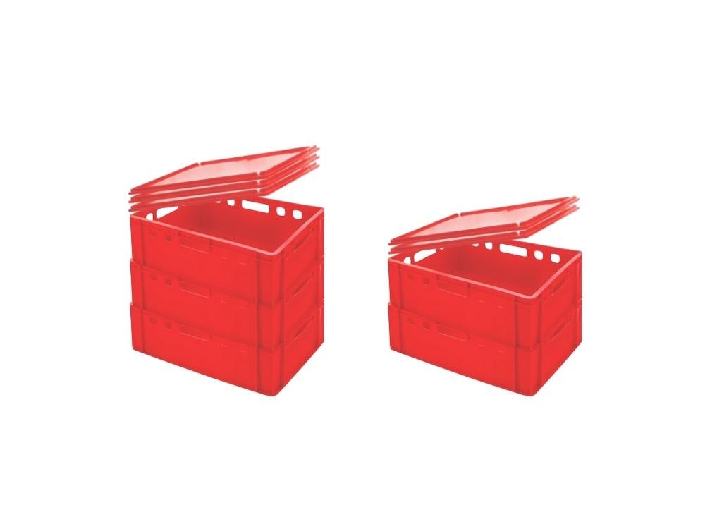 PROREGAL Super Saver Set 5x Eurobakken Slagersbox E2 met deksel HxBxD 20 x 40 x 60 cm 41 liter Rode slagersbox Vleeswarenbox