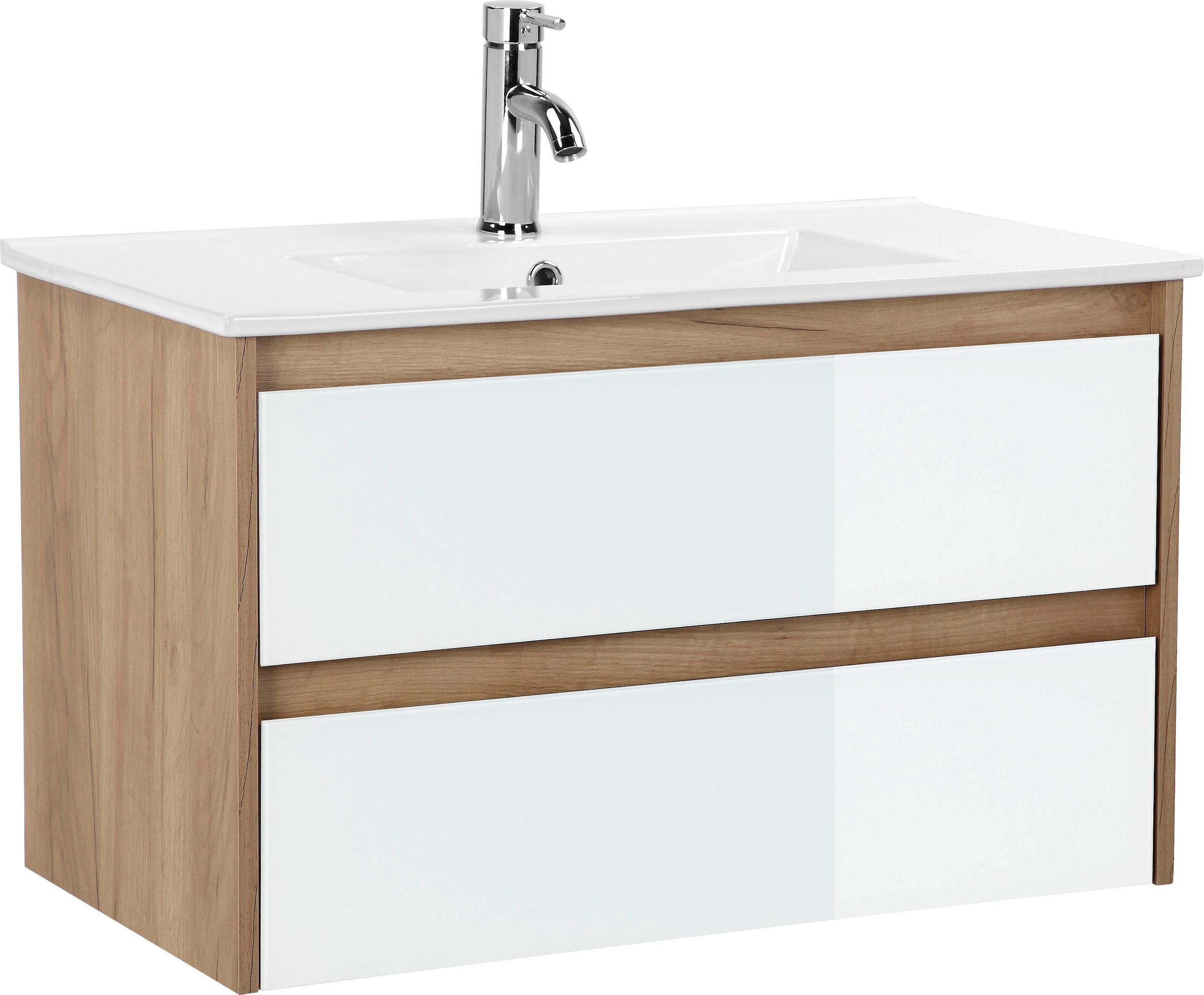 welltime Waschtisch »Torun Badezimmerschrank Unterschrank mit Glasfronten und Softclose« Set,  Waschplatz mit 2 Schubladen und Waschbecken Breite 80 cm