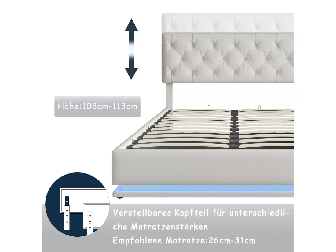 Lit 140x200cm - Espace de Rangement - Sommier à Lattes - Eéclairage LED et tête de lit relevable - Lin - Beige