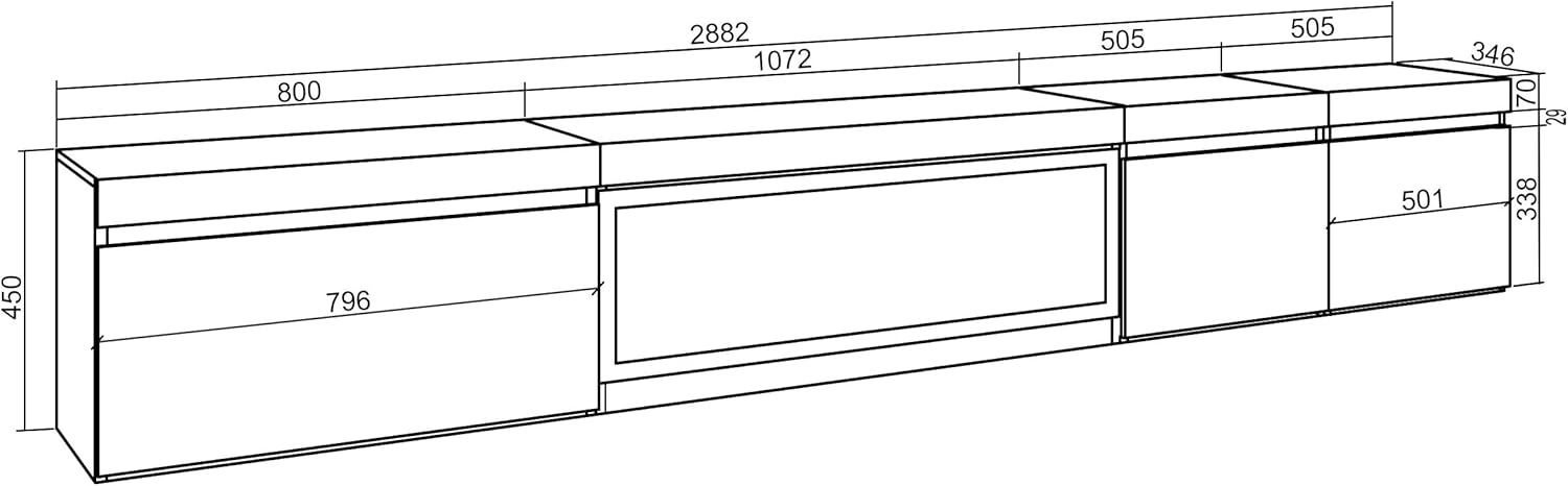Skraut Home | TV-Schrank, Lowboard | für Wohnzimmer und Esszimmer | 288x45x35 cm | Für großformatiges TV | Elektrokamin XXL | Hängend | Moderner Stil | Eiche Schwarz