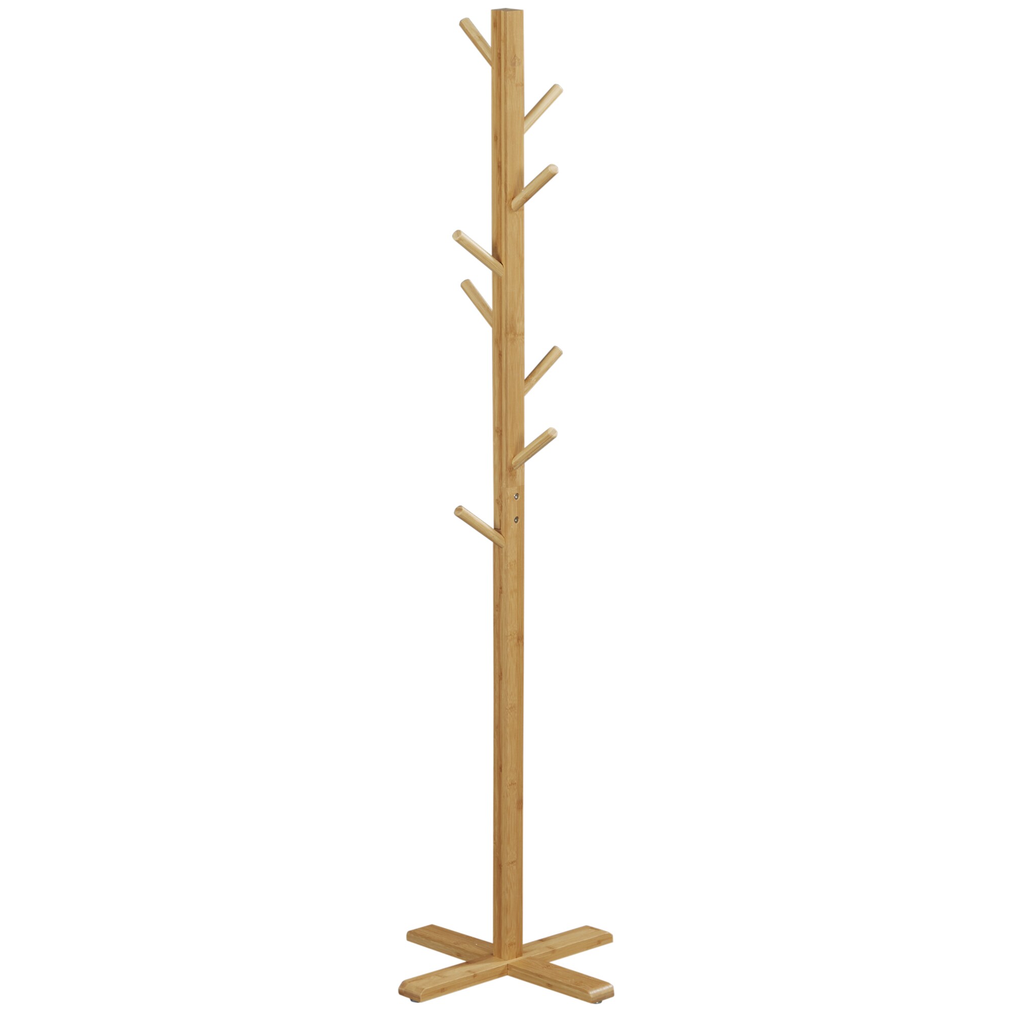 HOMCOM Garderobenständer mit 8 Haken und Kreuzfuß natur 49,5L x 49,5B x 178H cm