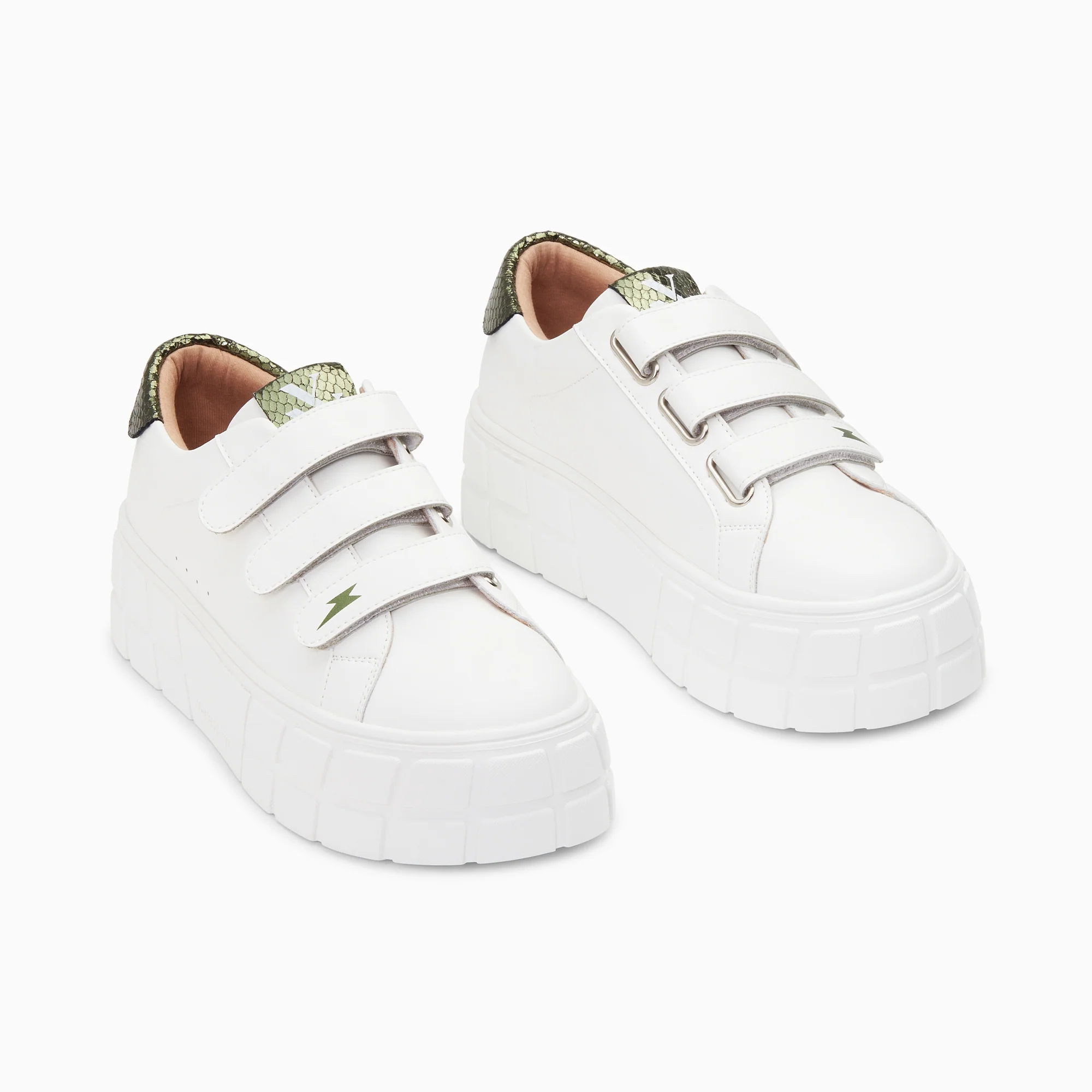 Sneakers-Baskets Angela blanc et kaki serpent à plateforme