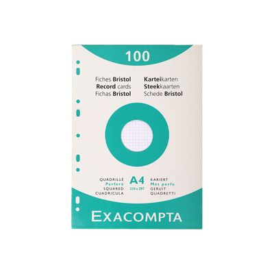 Exacompta - Pack de 100 Fiches Bristol - A4 - petits carreaux - perforées - blanc