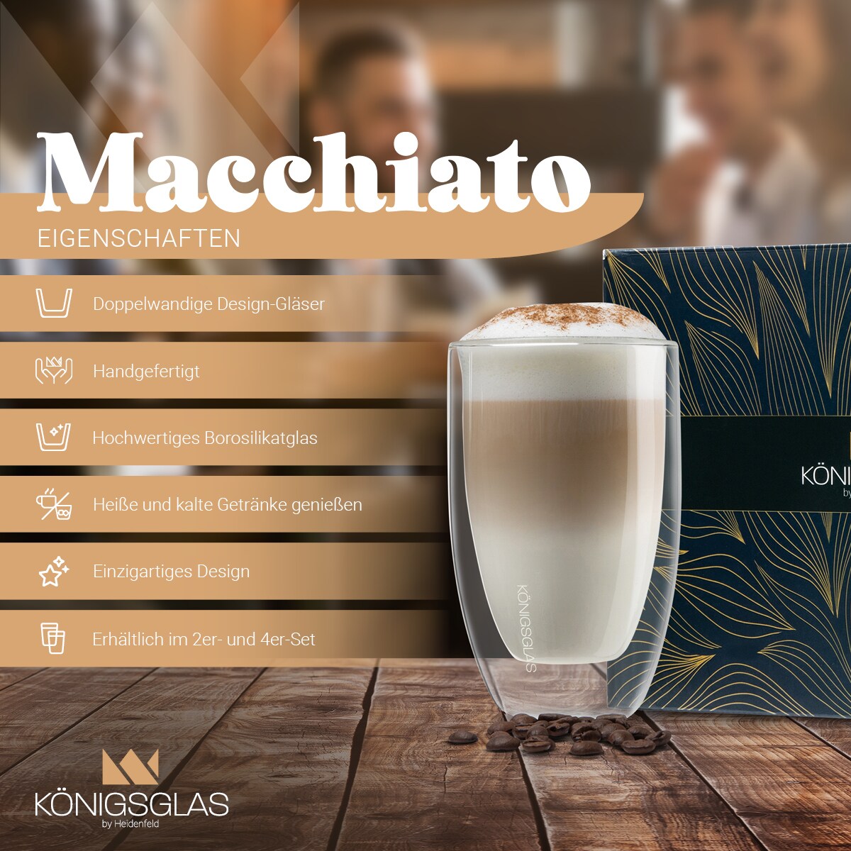 Königsglas Macchiato, Latte Macchiato-Gläser by Heidenfeld, 300 ml, Set, doppelwandig, handgefertigt (2er Set)