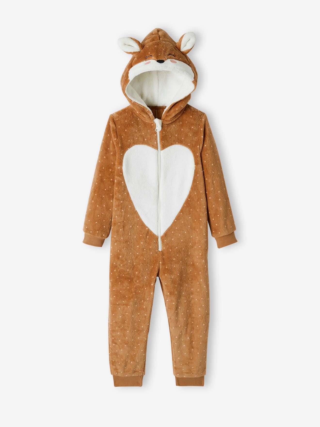 Pijama macacão raposa, marrom claro liso com estampas, infantil.