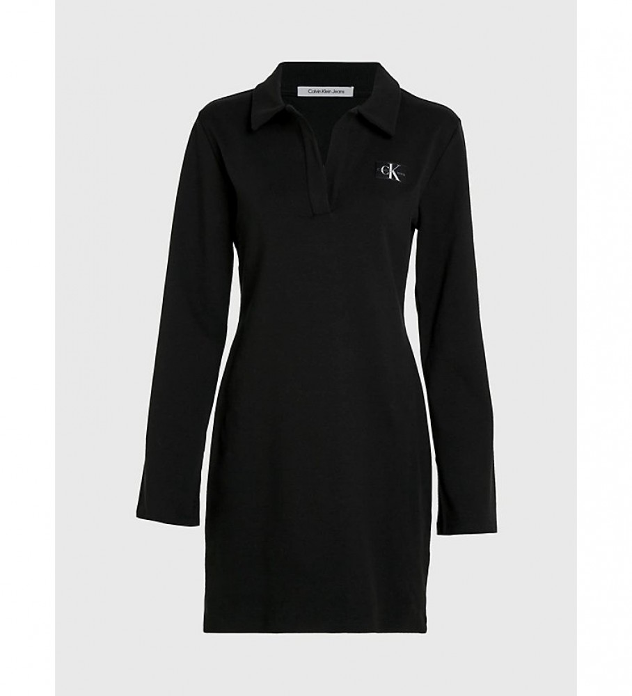 Vestido polo preto canelado de manga comprida Calvin Klein Jeans