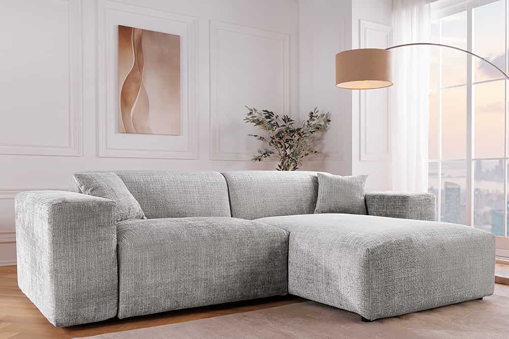 Modernes Ecksofa SIGNATUR 260cm grau Chenille Cremona beidseitig stellbar inkl. Kissen