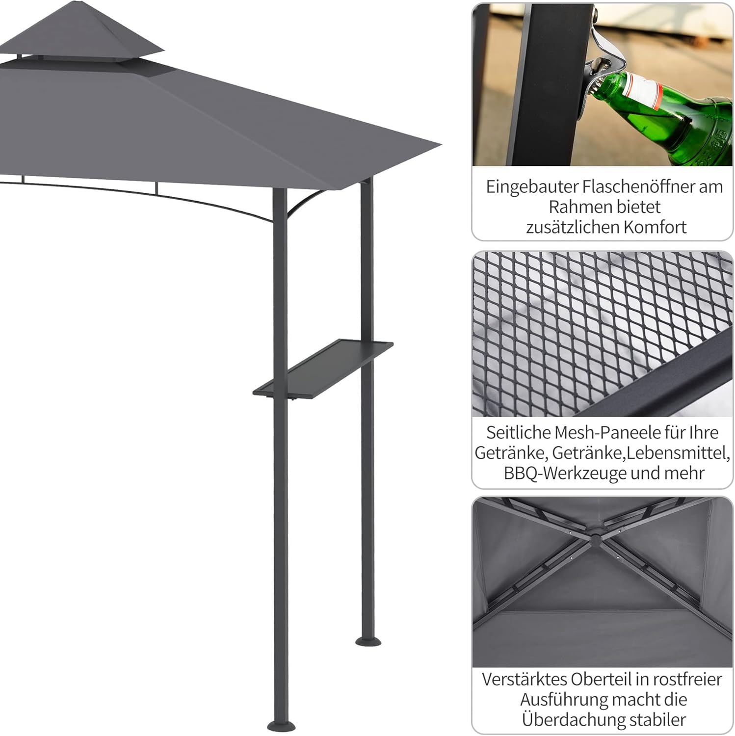 Outsunny Grillpavillon Gartenzelt Grill Pavillon Balkonpavillon mit Ablagen Flammhemmendes Doppeldach Grau 245 x 148 x 252 cm