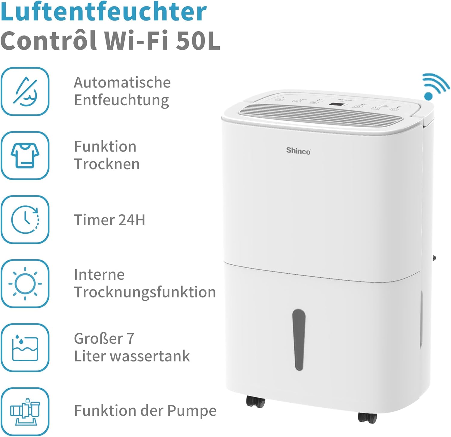 SHINCO 50L Wifi elektrisch Luftentfeuchter mit APP&Pump,165m³/55m²,Entfeuchter mit 7L Wassertank,Aktivkohlefilter,Energieeinsparung,Automatischer Neustart,Timer,Ablaufschlauch,Wäschetrocknerfunktion