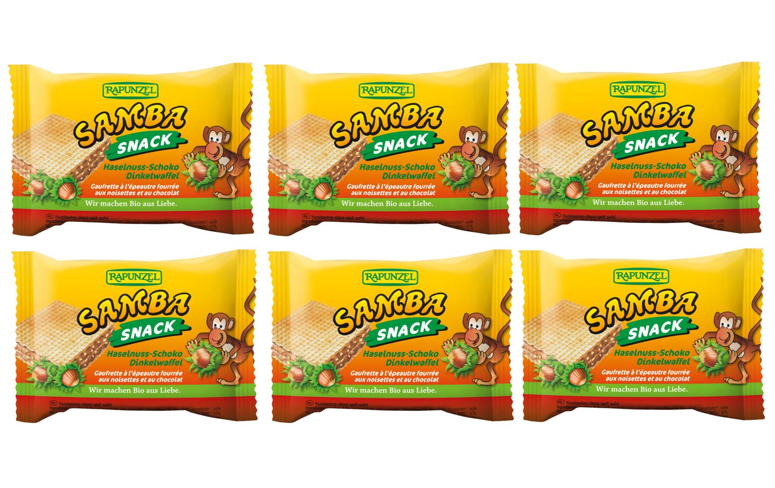 Snack Bio Samba Haselnuss-Schoko Schnitte 6 x 25 gWaffelschnitte mit Füllung aus Schokolade und Haselnüssen