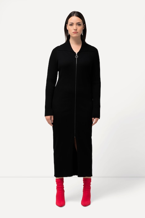 Strickkleid, Rippstrick, Zipper, Klappkragen, Langarm