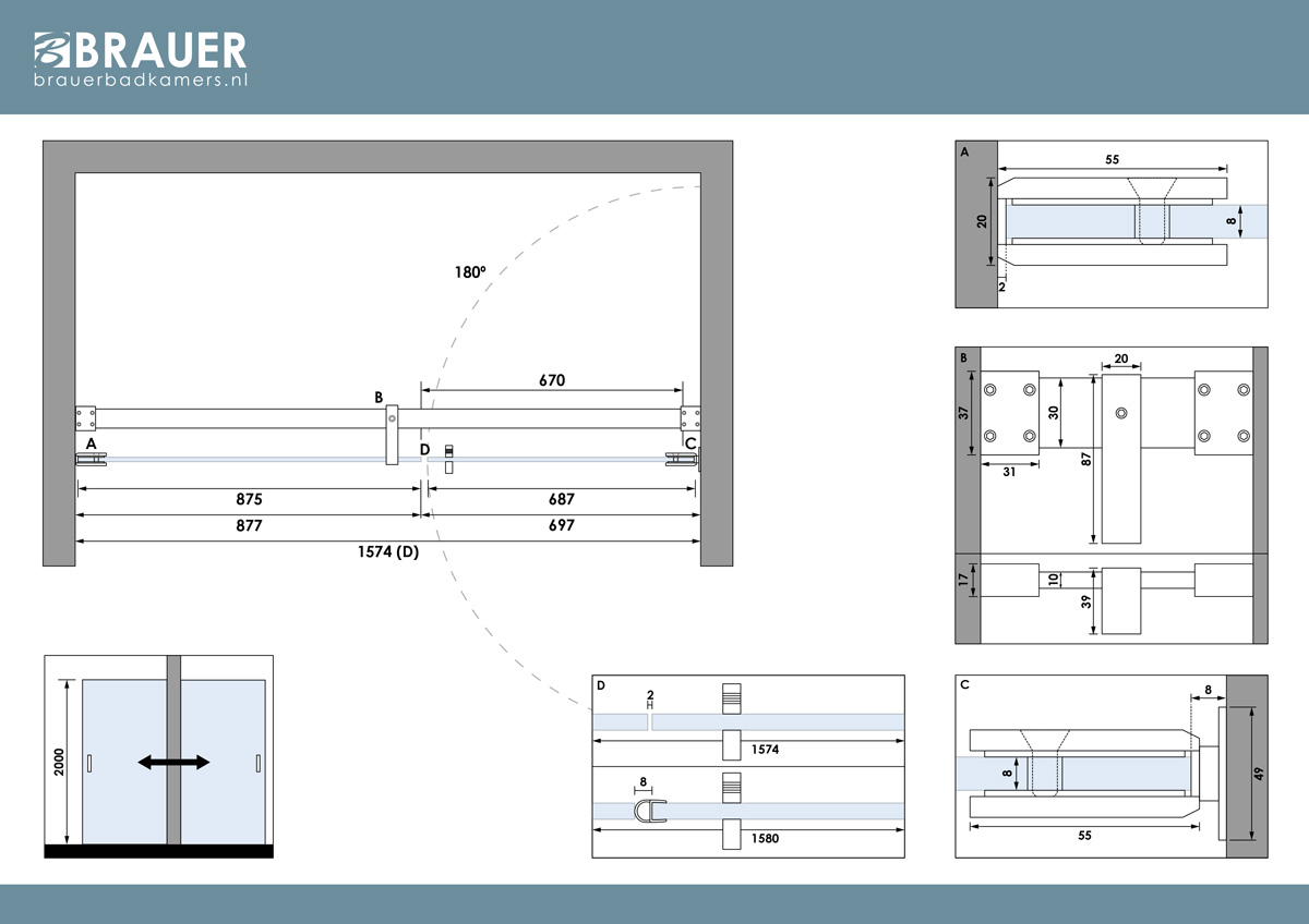 Brauer Void profielloze nisdeur 160cm met draaideur 70cm aan muur messing geborsteld PVD