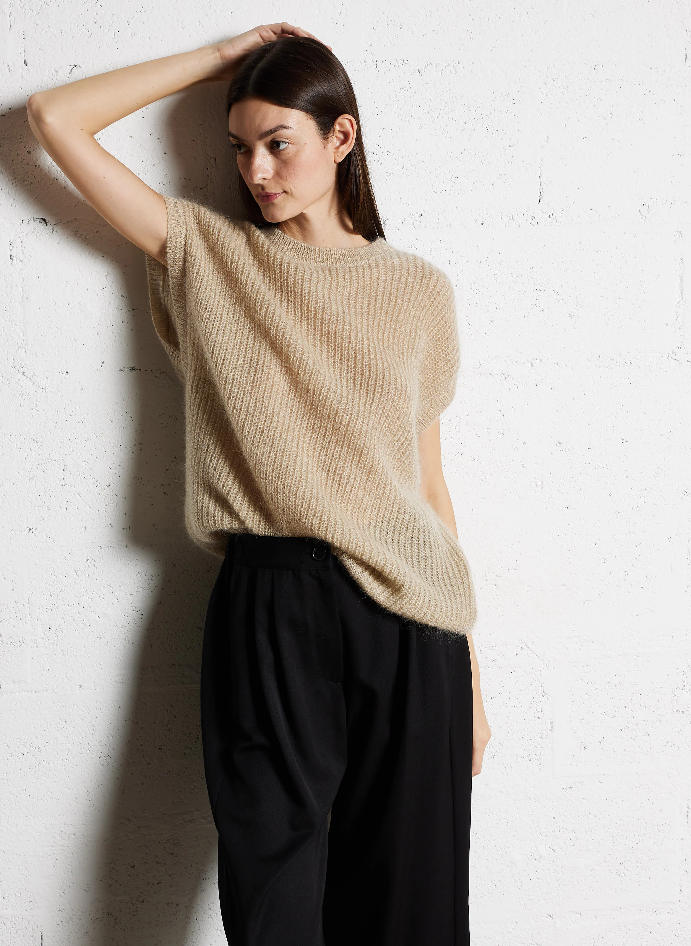 PALMA - Pull droit col rond en laine mélangée | Beige