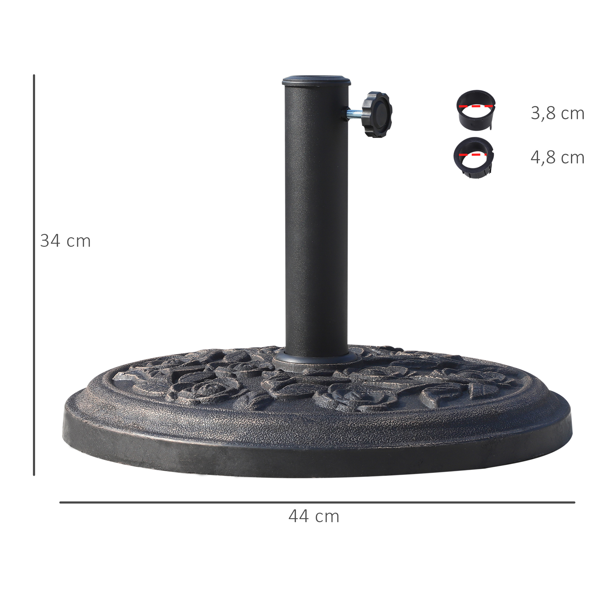 Base para guarda-sol de jardim Outsunny, peso líquido 12 kg, redonda, em resina, para mastros de 38 mm/48 mm, para pátio externo e terraço, Ø44x34 cm, bronze.
