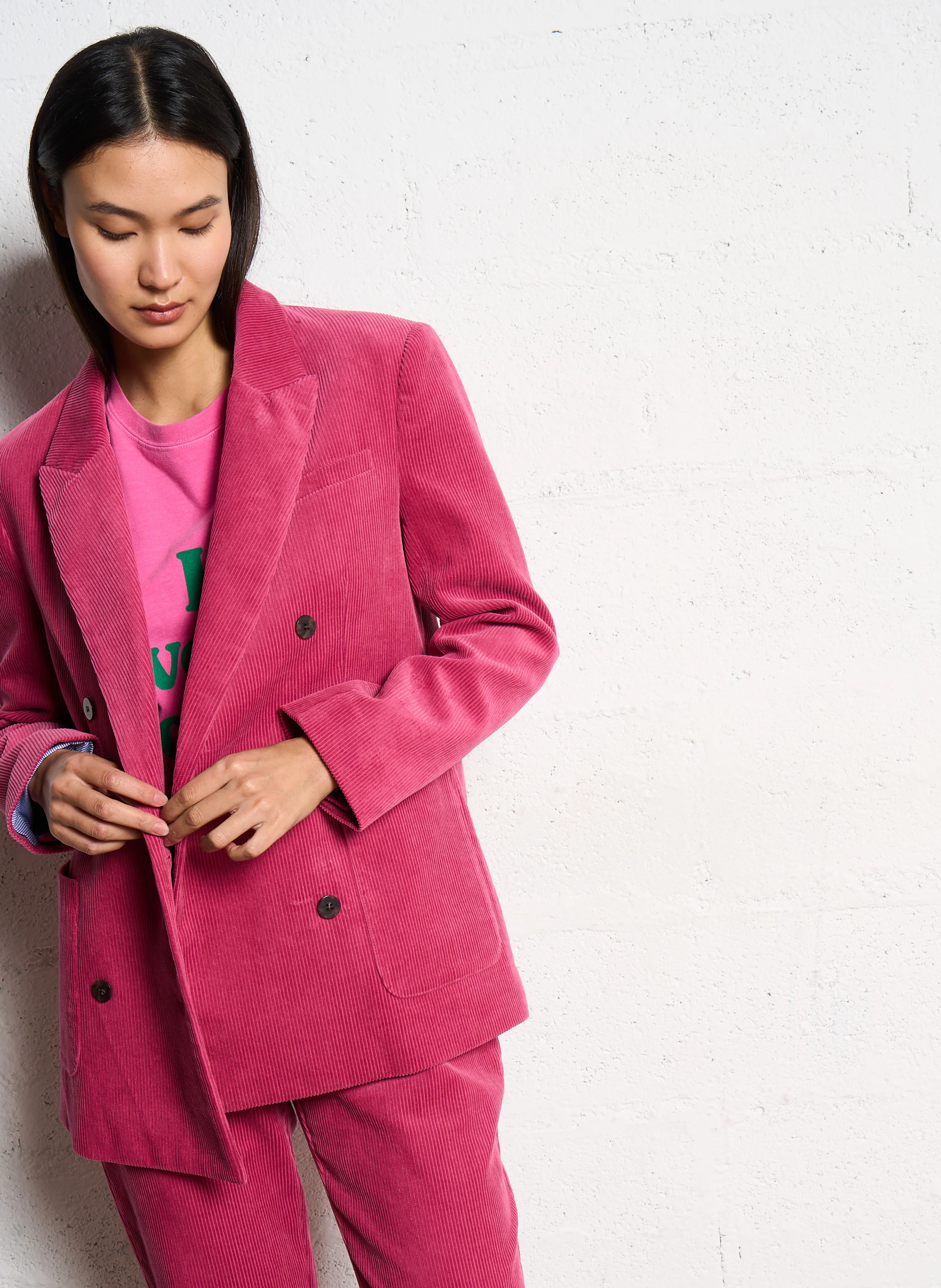RANDO - Veste droite col tailleur en velours de coton côtelé | Beige
