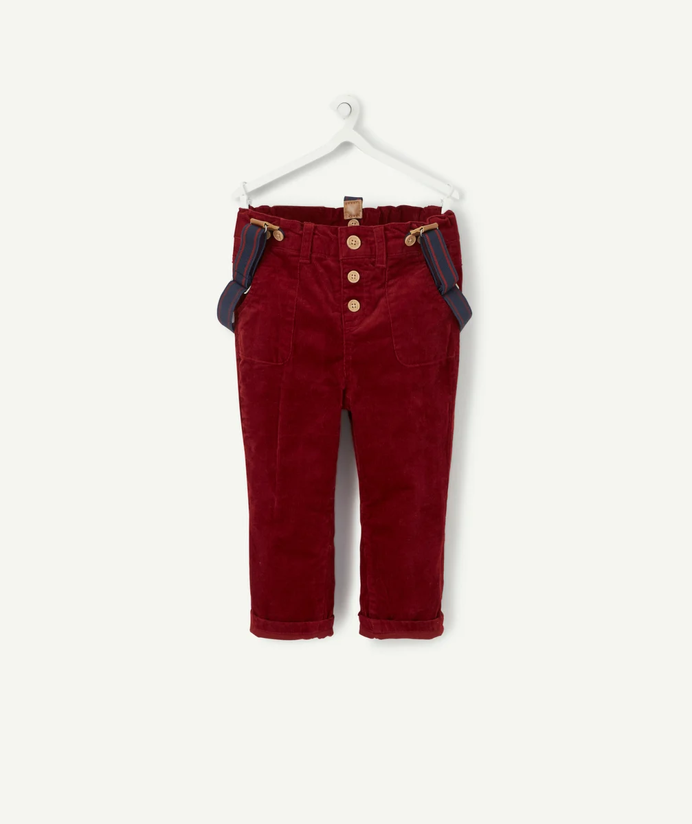 LE PANTALON BORDEAUX EN VELOURS CÔTELÉ AVEC BRETELLES