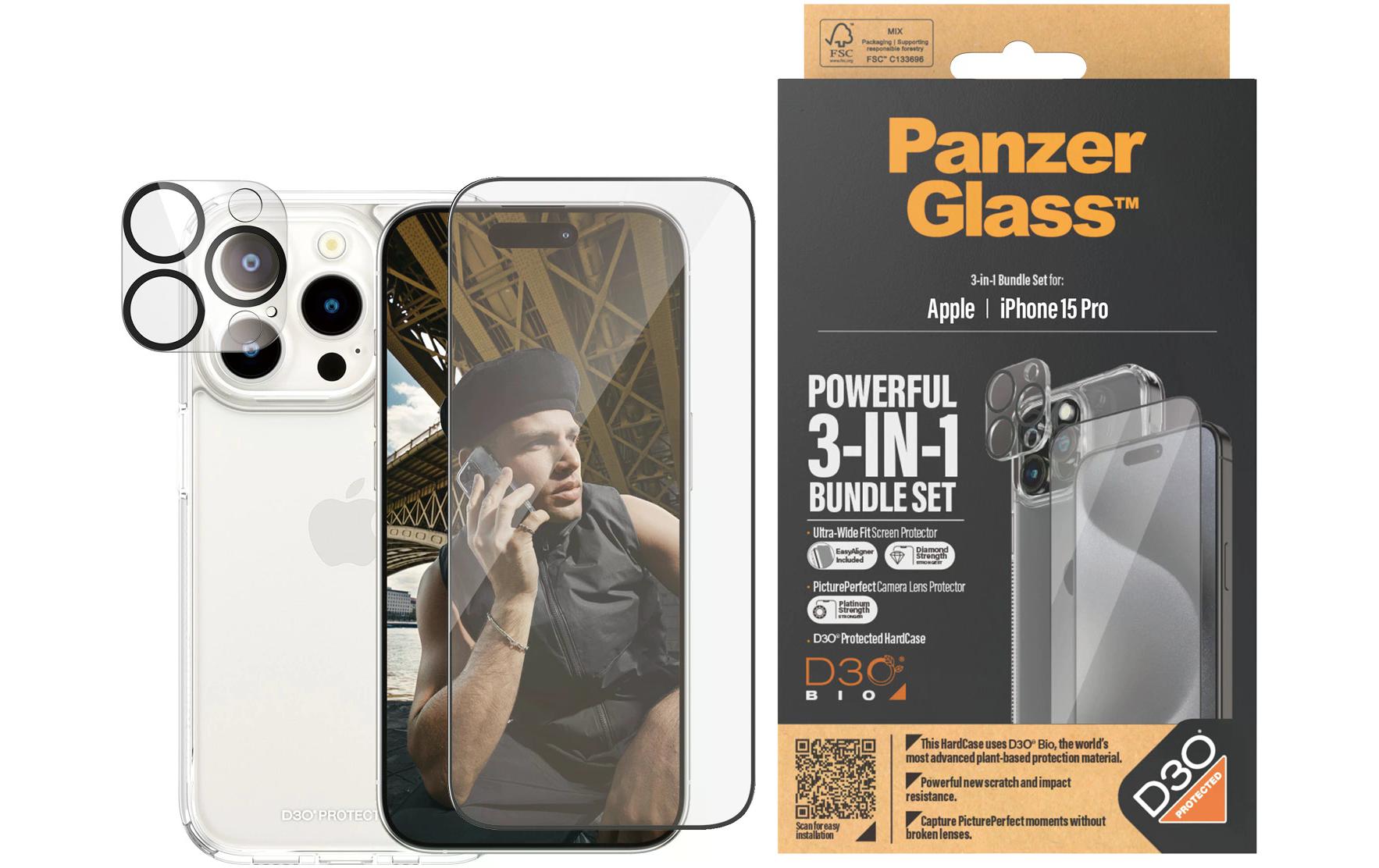 3-in-1 Bundle iPhone 15 Pro3-in-1 Set mit Bildschirmfolie, Schutzhülle und Kamera-Schutz für das Apple iPhone 15 Pro
