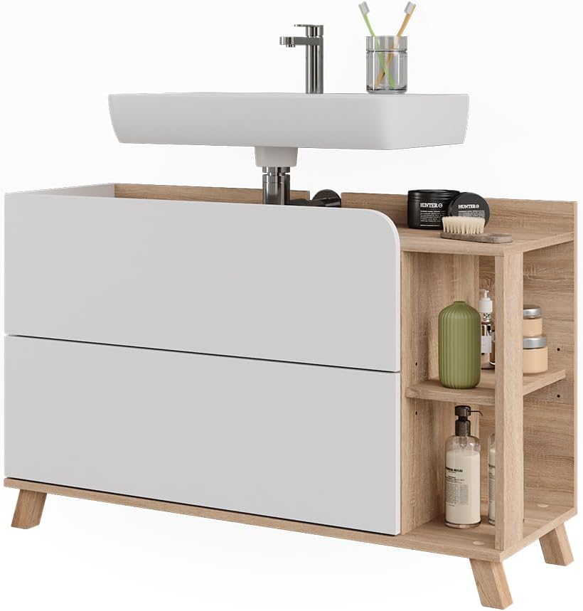 Vicco Waschbeckenunterschrank Sonoma/Weiß Karen 100x65x35 cm - Unterschrank für das Badezimmer, Übersichtliche Aufbewahrung durch großzügige Schublade