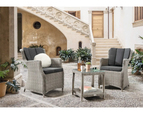 Destiny LUNA MERANO 2-zits balkonset bestaande uit: 2 fauteuils, bijzettafel, polyrotan, aluminium, glas, wit/grijs