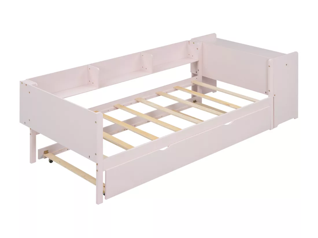 Lit gigogne 90x200cm+90x180cm, avec petit bureau, trois étagères sur le côté du lit, rose