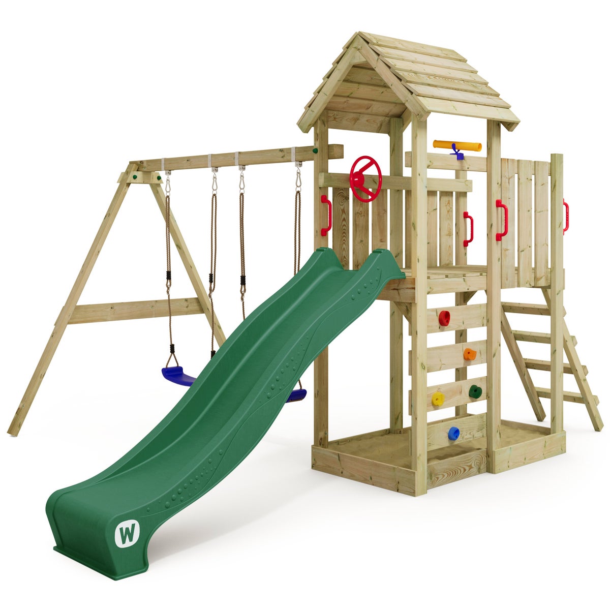 WICKEY MultiFlyer Speeltoren Klimrek met Houten Dak, Schommel en Glijbaan, Klimtoren met Houten Dak, Zandbak, Ladder en Speelaccessoires - Groen
