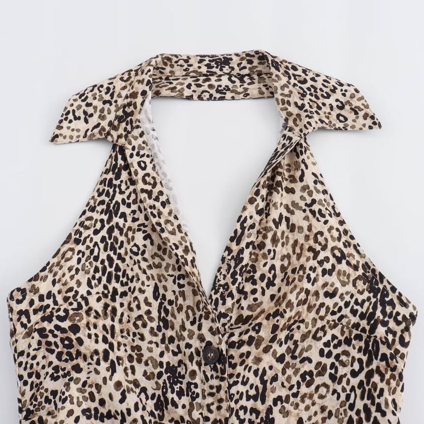 Sensarra - Halterkraag luipaardprint maxi-jurk met knopen