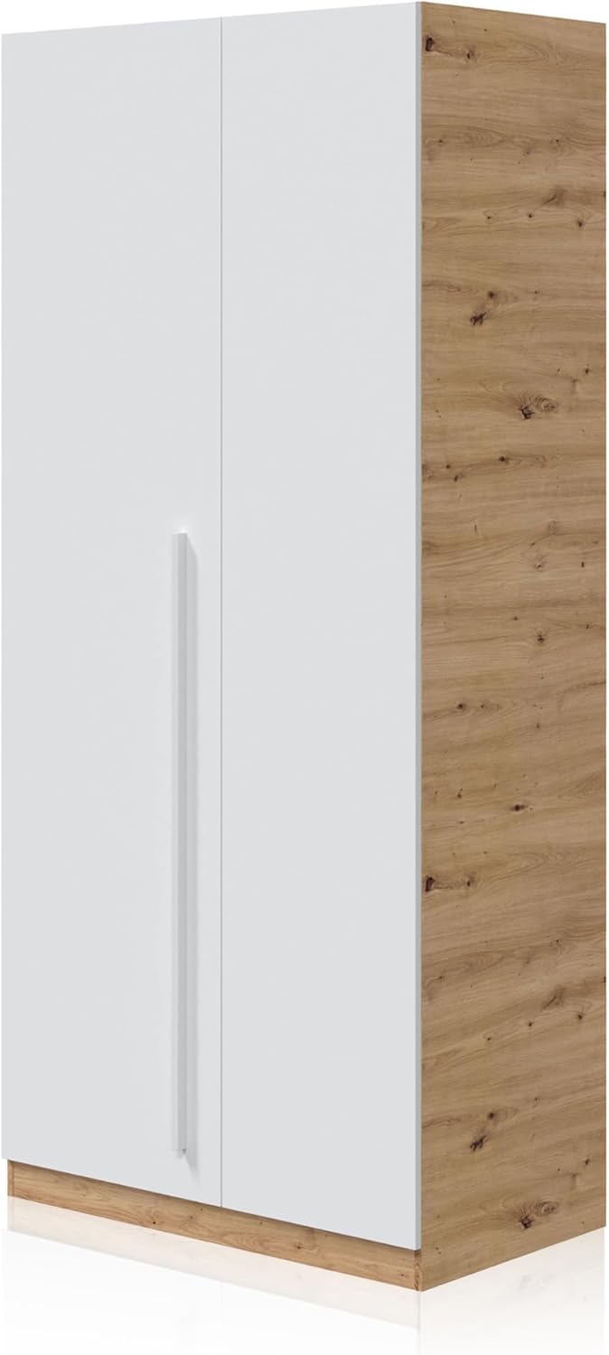 Habitdesig, Kinderschrank mit 3 Drehtüren – moderner Kleiderschrank für Kinder- oder Jugendzimmer in Arktisweiß und Eiche Nodi, viel Stauraum, Maße: 90 x 200 x 52 cm (B x H x T), Modell Noa
