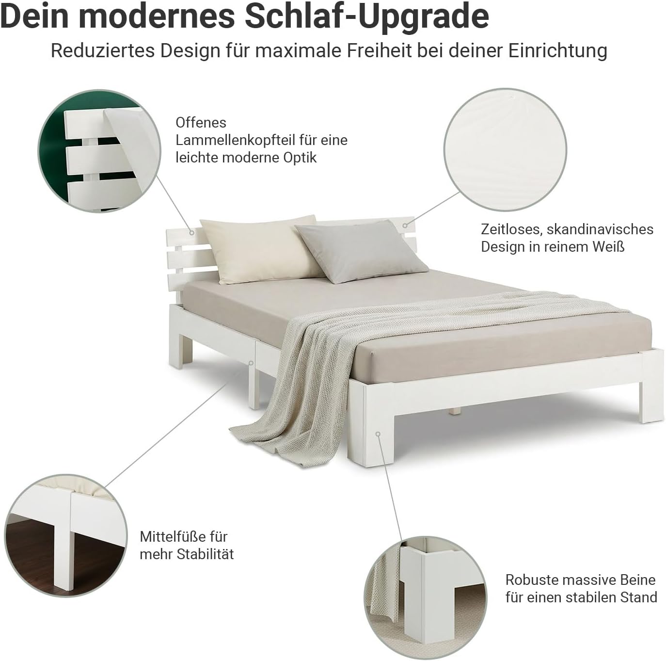 Homestyle4u Bett Holzbett 120x200 Weiß Massivholz Kiefer Bettgestell mit Lattenrost, modernes Futonbett für Schlafzimmer | Artikel 1892