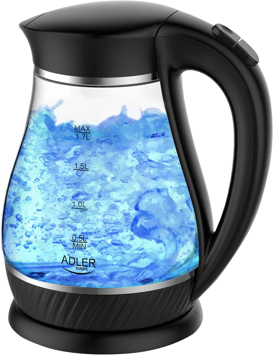 bouilloire électrique en verre de 1,7L 2000W transparent noir Adler