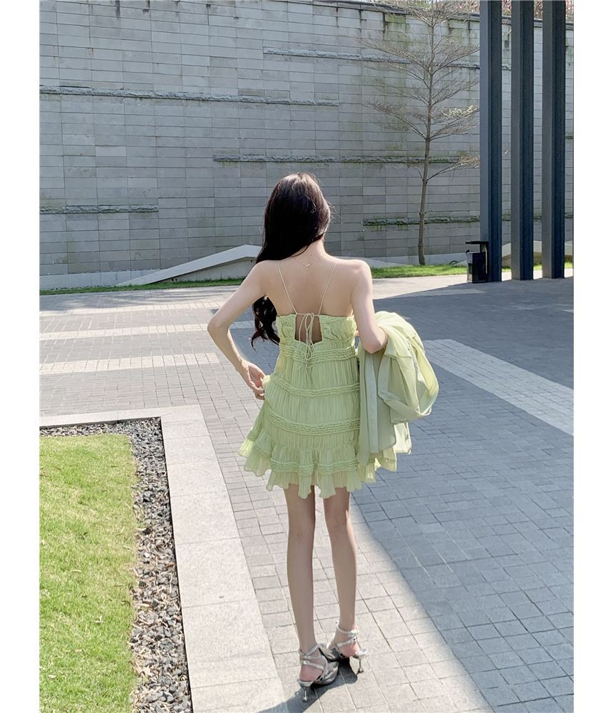 NENE - Spaghettibandjes V-hals Effen Ruffle Crinkle Geplooide Mini A-lijn Jurk / Lange Mouwen Kraag Effen Transparant Shirt