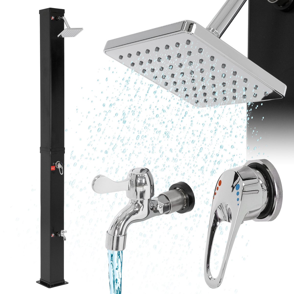 ML-Design Solar Douche 40 L 217cm Rechthoekig met Voetdouche en Regendouchekop, Zwart, Warm Water, tot 60°C zonder Stroomaansluiting, met Tuinslangaansluiting, Solar Tuindouche Buitendouche Zwembaddouche