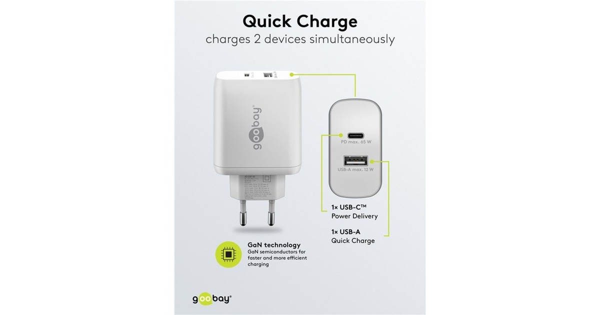 goobayUSB-C PD GaN Dual snellader (65 W)  (Wit, 1x USB-C, 1x USB-A, Power Delivery)