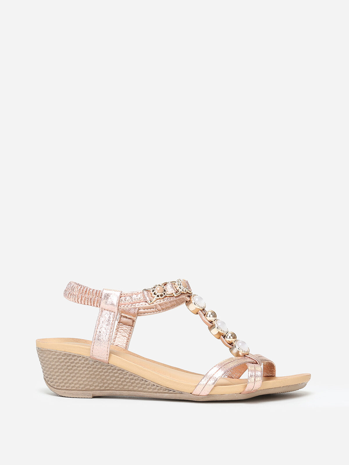 Sandales compensées rose doré à perles dorées Doré rose- Doré rose