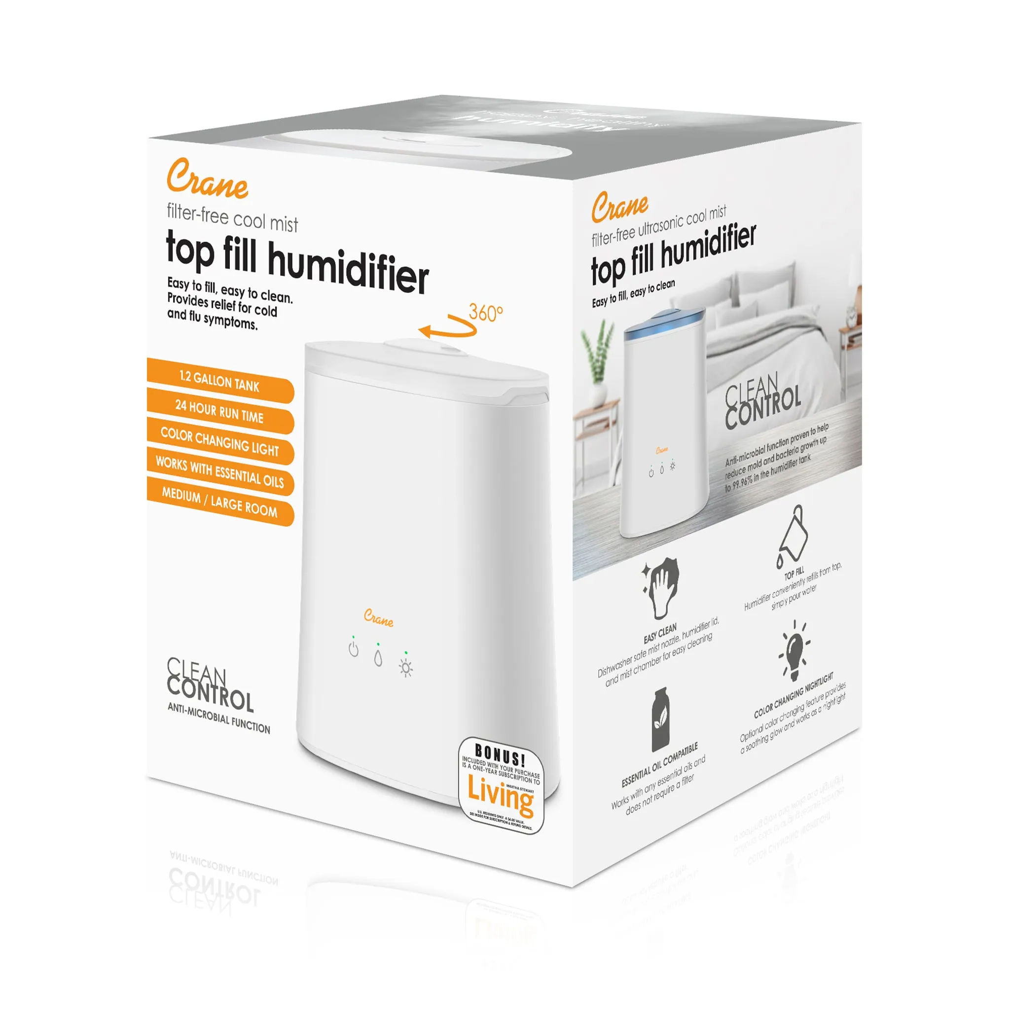 Crane Humidificateur Ultrasonique à Vapeur Froide avec diffuseur d’arômes (1,2 gal.)
