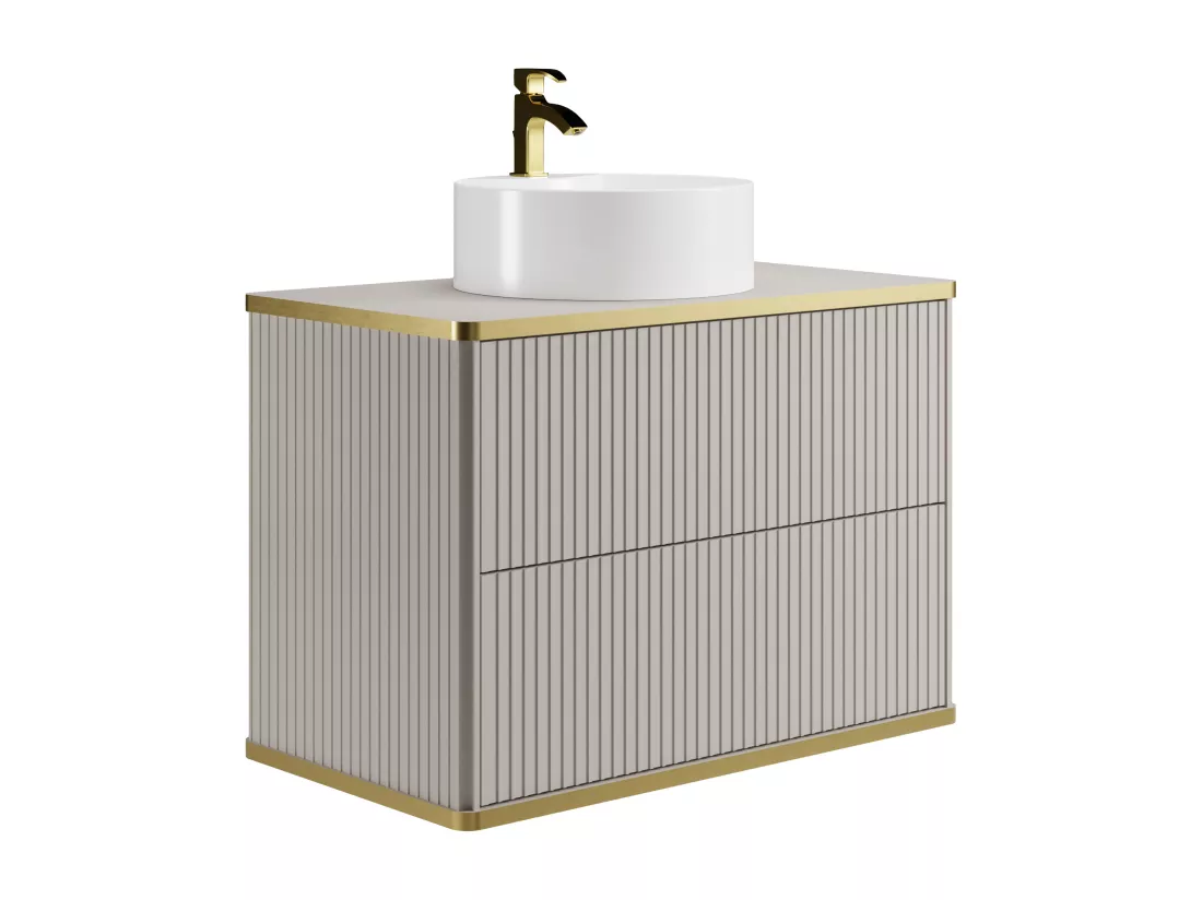 Meuble de salle de bain suspendu strié liseré doré avec vasque à poser ronde - Beige - 80 cm - KELIZA