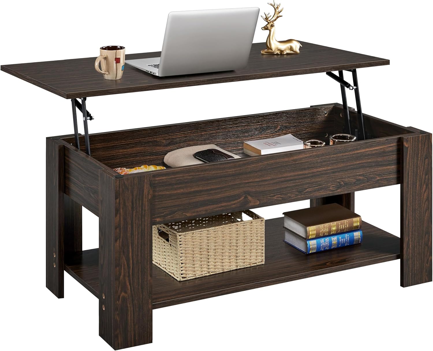 Yaheetech Couchtisch Höhenverstellbarer Kaffeetisch mit verstecktem Stauraum und Platte Sofatisch Wohnzimmertisch aus Holz Beistelltisch für Wohnzimmer/Büro, Espresso