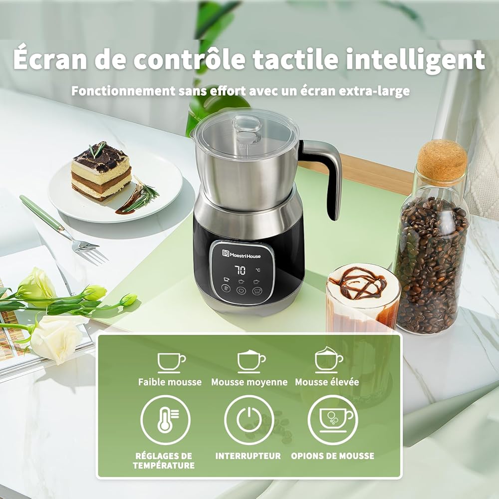 Mousseur à lait Maestri House, 12 en 1 600 ml Mousseur à lait électrique avec température et force de mousse variables, commande Smart Touch, pour Latte Cappuccino, Chocolat chaud, Lait chaud : Cuisine et Maison