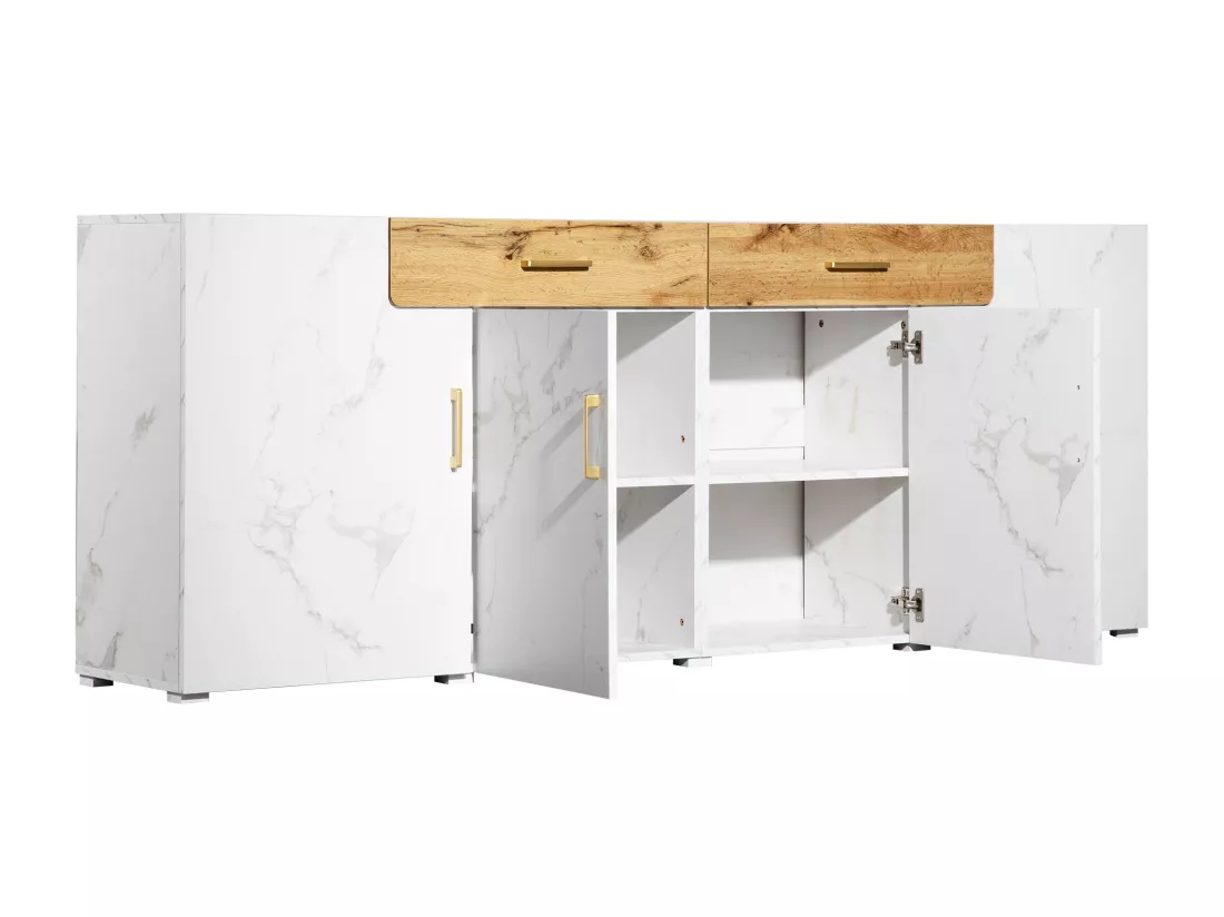 Buffet blanc effet marbre 4 portes 2 tiroirs 208x39,5x80cm ELAD