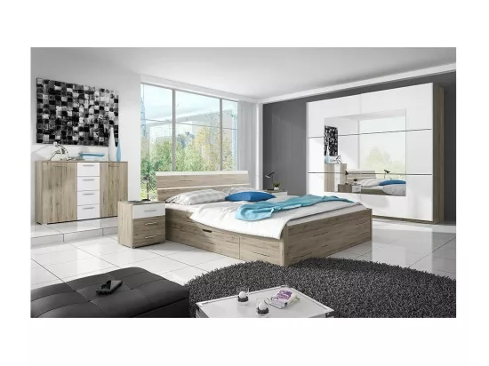 Chambre à coucher EOS : Armoire, Lit 160x200, commode, chevets. Couleur chêne clair et blanc