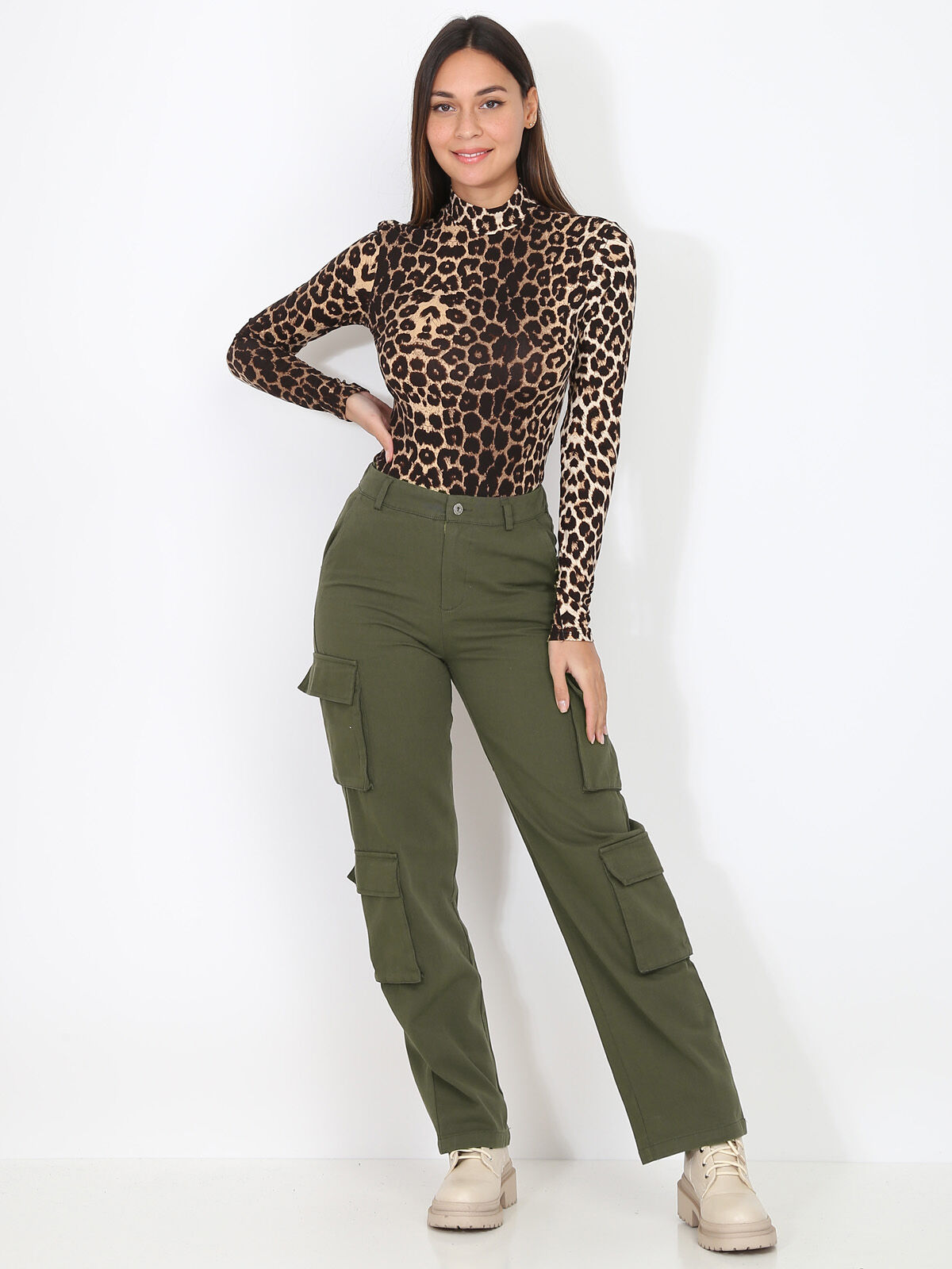 Pantalon cargo taille haute- Kaki