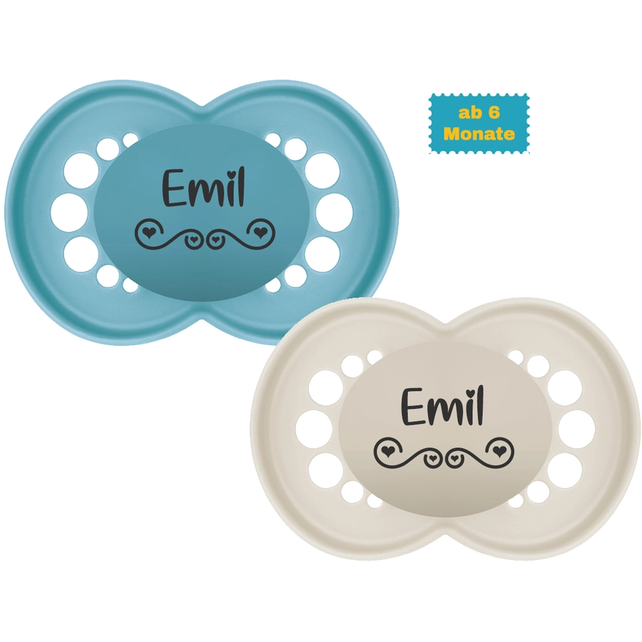 Schnullireich Schnuller mit Namen  Namensschnuller MAM Pure Love – 2er Set (Junge) Blau
