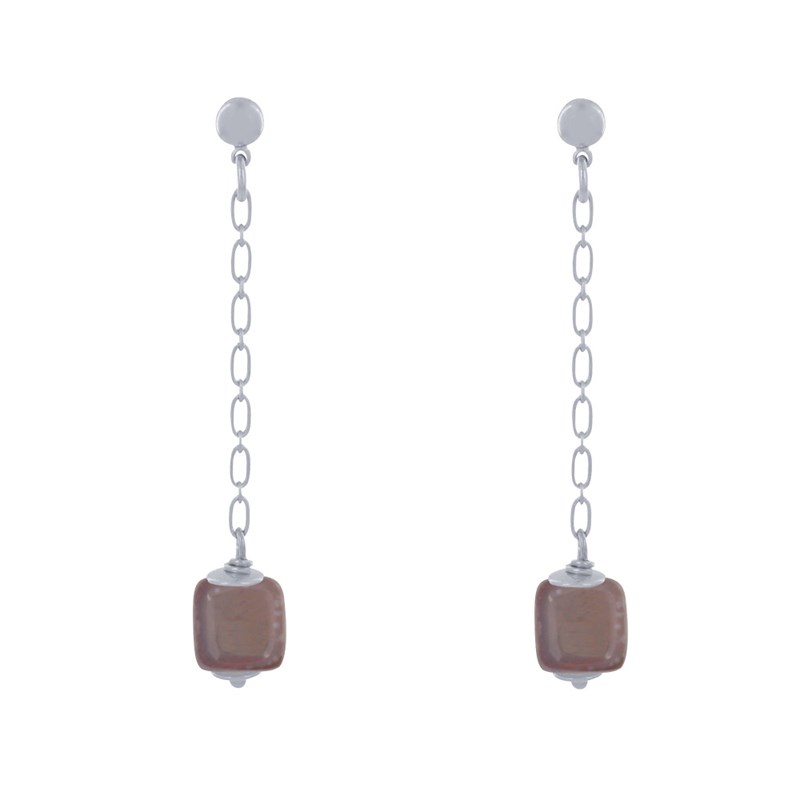 Boucles d'Oreilles Chainette Laiton Argenté et Cube en Céramique