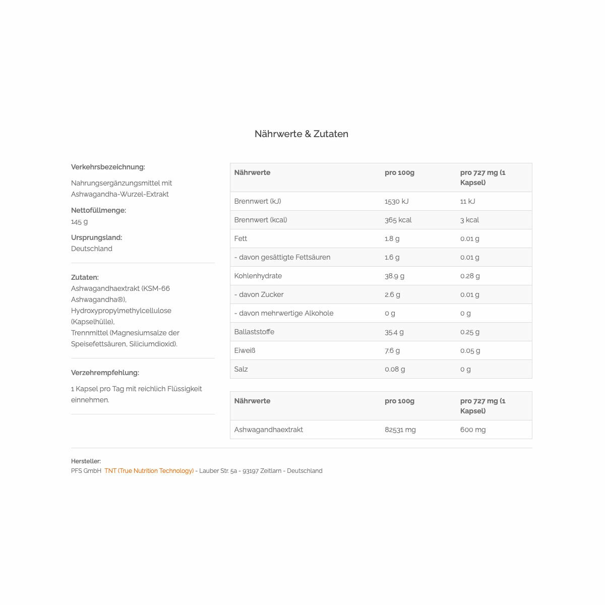 TNT Ashwagandha KSM-66® - hochdosiert: 600mg pro Kapsel