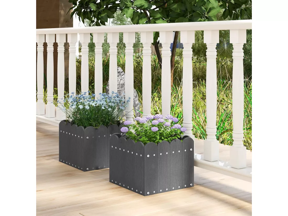 Lot de 2 Jardinière Carrées en HDPE Résistant aux Intempéries, Lit de Jardin Surélevé avec Trous de Drainage pour Culture Fruits Légumes, pour Patio Balcon, 32 x 30 x 25 cm (Gris)