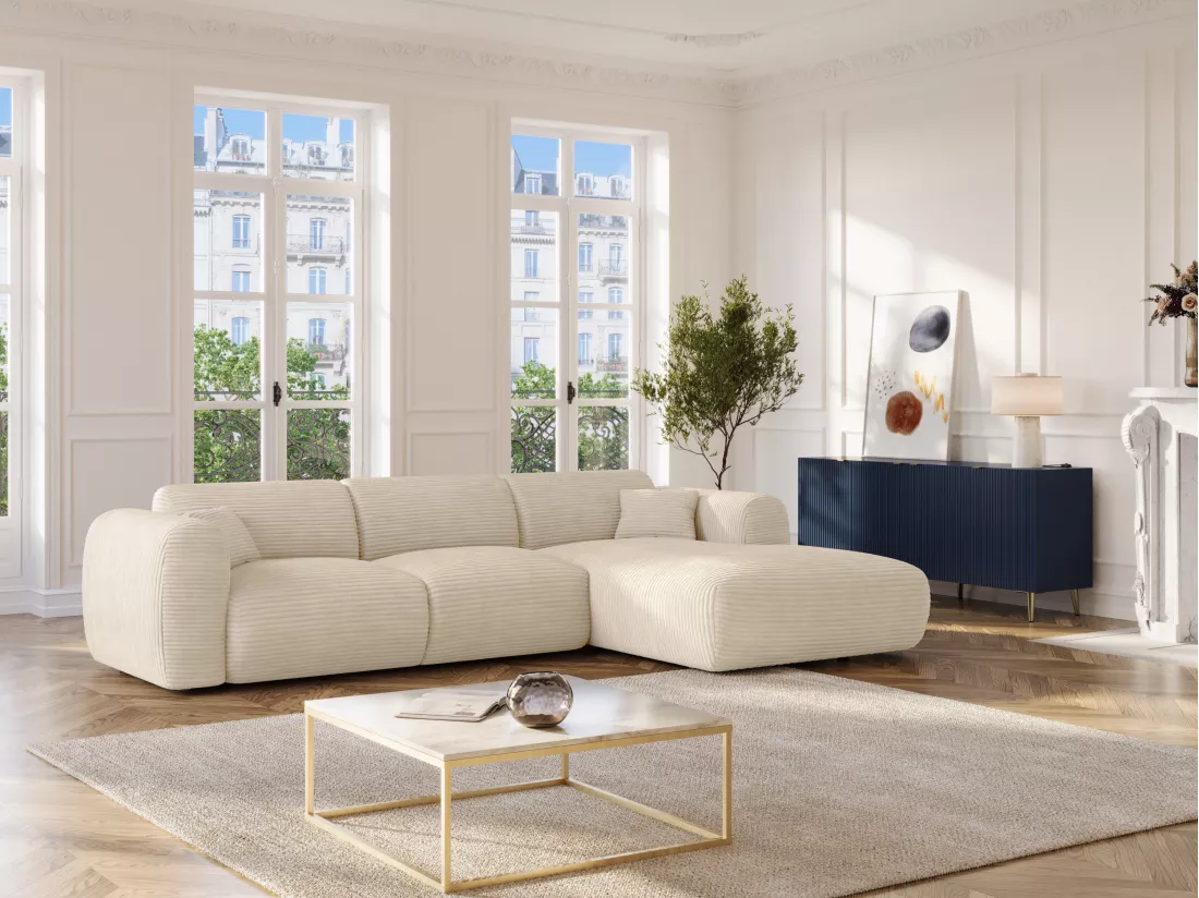 Grand canapé d'angle droit en velours côtelé beige POGNI de Maison Céphy