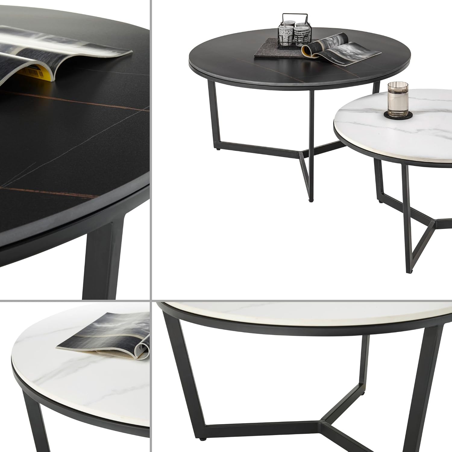 Stella Trading Couchtisch rund, Schwarz - Moderner Wohnzimmertisch mit Keramikplatte und Metallgestell - 90 x 45 x 90 cm (B/H/T)